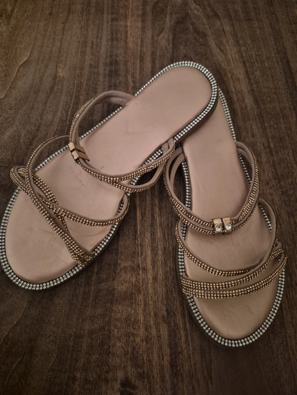 SHEIN Champagne Gold Rhinestone Strap Slide Sandals